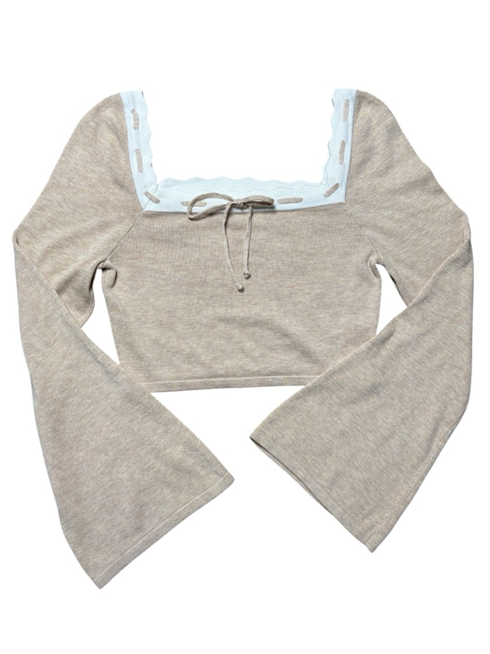 Square-Neck Beige Crop Top Bell Sleeves Contrast Trim Boho cropped size large